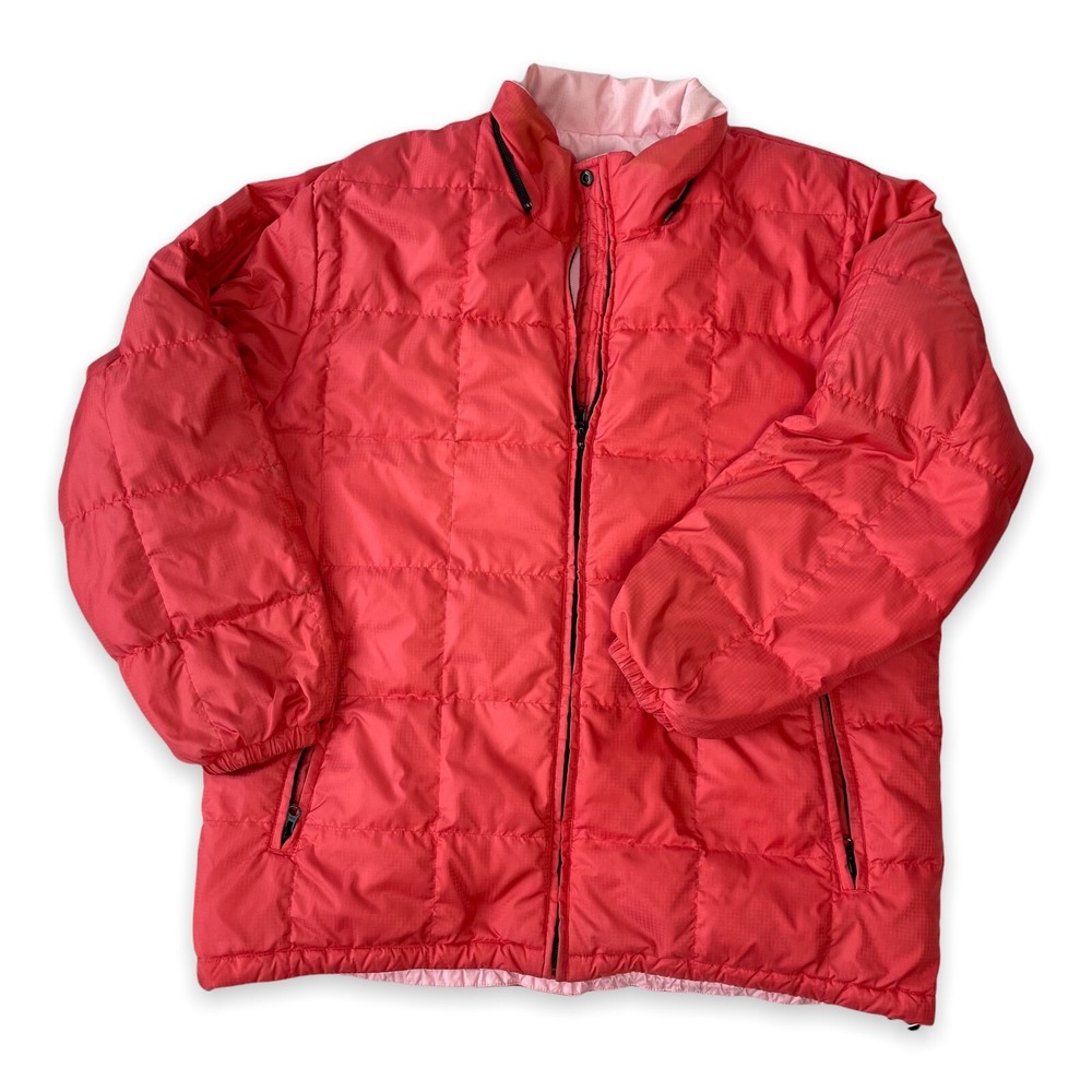 Lands End Jacket Womens Large 14-16 Goose Down Puffer Reversible Pink Red Coat